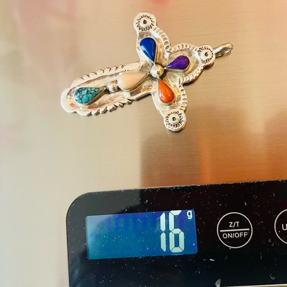Southwest Big Sterling silver cross pendant multicolored stones signed - Picture 7 of 8